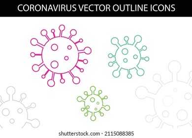 Iconos vectoriales de Coronavirus para el diseño gráfico. Signos de virus, Covid-19, símbolos de gripe o gérmenes y elementos de diseño. Iconos vectoriales coloridos de estilo de contorno aislados en fondo blanco.