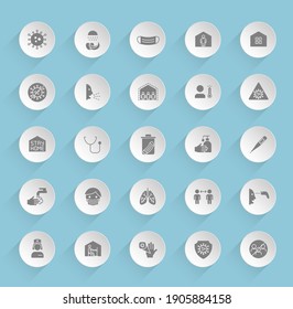 coronavirus vector icons on round puffy paper circles with transparent shadows on blue background. Stock vector icons for web, mobile and user interface design