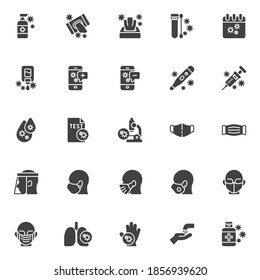 Juego de iconos vectoriales de Coronavirus, colección de símbolos sólidos Covid-19 moderna, paquete de pictogramas estilo relleno. Señales, ilustración del logotipo. El juego incluye iconos como enfermedad pulmonar, máscara facial médica, gel para sanitizadores de mano