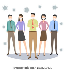 Ilustración vectorial Coronavirus. Concepto de peligro biológico. Hombres y mujeres con mascarilla médica. Epidemia internacional 
