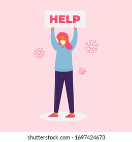 La mujer pide ayuda con un afiche en sus manos. La crisis durante la epidemia COVID-19. Ilustración gráfica vectorial plana.