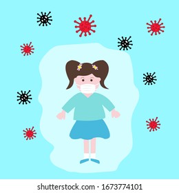 Coronavirus vector illustration isolated on white. A girl with mask vector illustration. Coronavirus scared. Coronavirus danger vector. Mask vector.