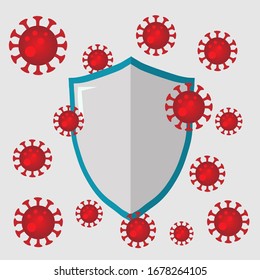 Ilustración vectorial de Coronavirus aislada en fondo gris. Plantilla vectorial Coronavirus. Icono de protección antivirus. Vector de escudo.