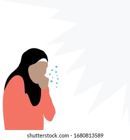 Coronavirus. Vector illustration Muslim woman in hijab covers sneeze. Prevent Respiratory Diseases. Covering mouth and nose with arm when coughing, sneezing. Stop virus spread. Poster, flyer, banner