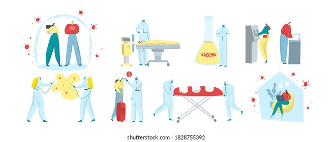 Coronavirus vector illustration set. Cartoon doctor character in medical mask uniform disinfect, find or advice sick people with corona virus. Sars coronavirus prevention, medicine isolated on white