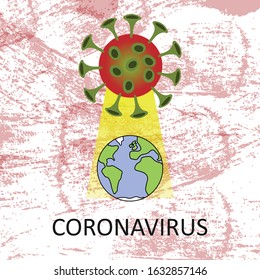 Coronavirus vector illustration showing the 2019-nCov novel coronavirus with yellow light over an icon of the earth & red splatter in the background. Concept of the world at risk of the coronavirus.