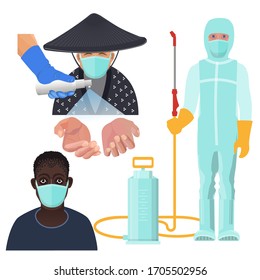Objetos vectoriales de coronavirus. Medidas antibacterianas y desinfectantes. Máscara facial, desinfección manual, traje de neblina. Conjunto de ilustraciones aisladas en fondo blanco