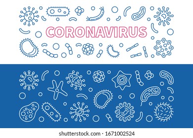 Juego de banners horizontales de contorno del vector Coronavirus. Ejemplo lineal conceptual del virus en China
