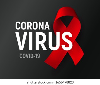 Coronavirus Vector Poster, Red Ribbon On Black Background, Template For Medical Infographic, COVID-19 Logo Concept