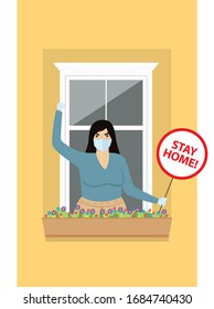 Coronavirus vector quarantine concept. Stay Home. Woman with mask on her face looking through the window. Woman With Board And Inscription Stay Home