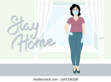 Coronavirus vector quarantine concept. Stay Home. Woman with mask on her face. Woman Stay Home