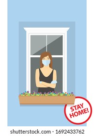 Coronavirus vector quarantine concept. Stay Home. Woman with mask on her face looking through the window. Woman With Board And Inscription Stay Home
