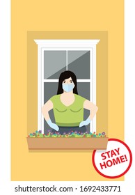 Coronavirus vector quarantine concept. Stay Home. Woman with mask on her face looking through the window. Woman With Board And Inscription Stay Home
