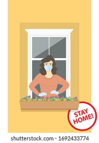 Coronavirus vector quarantine concept. Stay Home. Woman with mask on her face looking through the window. Woman With Board And Inscription Stay Home