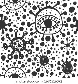 Coronavirus. Vector seamless pattern with calligraphic brush strokes and dots. Hand drawn, Black, white. Good for wrapping paper, wedding card, birthday invitation, pattern