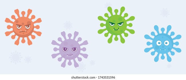 Coronavirus vector set of facial expressions, colored in red, blue end green covid-19 emotions  on light background. Set from the viral bacteria and microbes with eyes and mouth. Vector illustration.