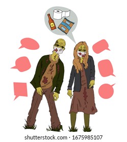 Coronavirus, Vector. Silly old dirty zombie man and woman are going to buy buckwheat porridge, toilet paper, beer. Satirical, mocking drawing on the theme of coronavirus.