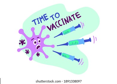 Coronavirus vector vaccination illustration. End of corona virus concept. Time to vaccinate 
