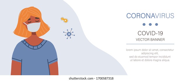 Coronavirus vector web banner. Woman wearing medical face mask for prevention of virus spreading.