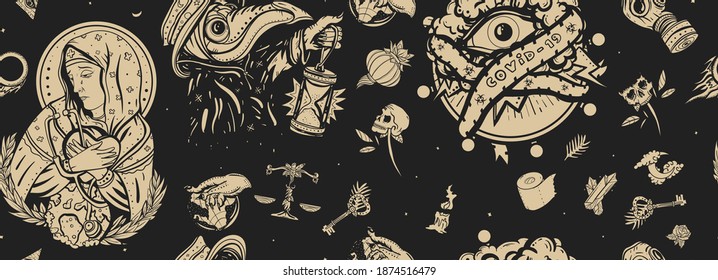 Coronavirus vintage seamless pattern. Plague doctor, COVID-19 (SARS-CoV-2), Virgin Mary mourns the death of world, all seeing eye. Stay home background. Old school tattoo. Stop epidemic art 