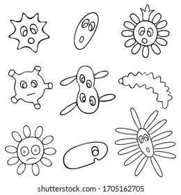 Coronavirus, virus, bacteria, microbe, bacillus. Vector set of illustrations. Coloring book for children. Collection of cute microorganisms. Sketch. Contour on an isolated background. Doodle style. 