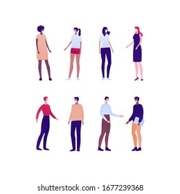 Coronavirus and virus disease pandemic concept. Vector flat person illustration. Group of people of different ethics in casual cloth with medical head mask. Design for medicine infographic, banner.