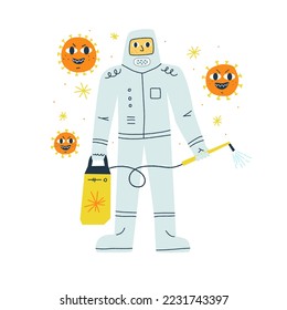 Coronavirus. Virus fighter character. Man in protection suite. Professional medic. Pandemic illustration. Infectious threat. Vector isolated art.