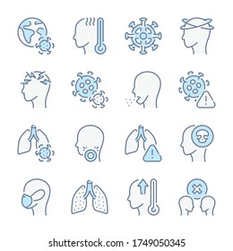 Coronavirus and virus infection related blue line colored icons. Virus Pneumonia symptoms icon set.