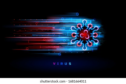 Coronavirus virus neon red blue light vector background. Covid ncov 19 coronavirus infection pandemic, global alert news backdrop, antiviral medicine and science, virus outbreak quarantine