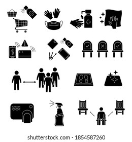 Coronavirus, virus prevention icons. Safe shopping. Social distancing. Keeping a distance between people. Avoid crowd. Disinfection of all surface. Glyph. Vector illustration