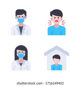 Coronavirus / Virus Transmission icon set = doctor, throat, doctor girl, home quarantine