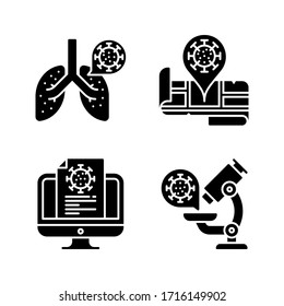 Coronavirus / Virus Transmission icon set = lungs, map, computer report, research
