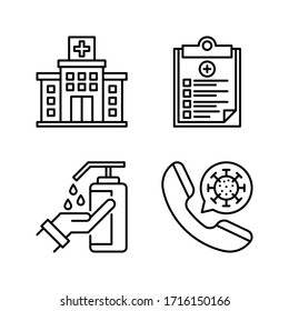 Coronavirus / Virus Transmission Icon Set = Hospital, Medical Report, Alcohol Gel,  Telephone