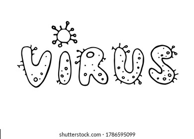 Coronavirus, Virus. El contorno vectorial de las letras manuscritas negras aisladas en fondo blanco. Cartas en forma de infección bacteriana viral Moléculas