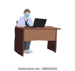Coronavirus. Visit doctor. Vaccination room. Flat vector drawing of a sitting woman at the table. Silhouette image of a doctor in a mask. City infographics