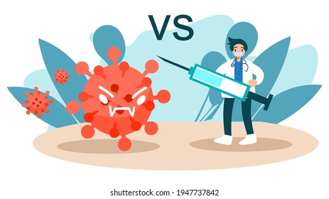 Coronavirus VS doctor holding vaccine ,Fight and protect COVID-19  cartoon illustration flat vector 