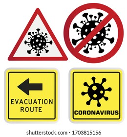 Coronavirus warning and attention icon set . Danger sign, COVID-19 or 2019-nCoV epidemic and pandemic symbol. Simple flat logo template for medical Infographic. Isolated vector