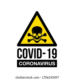 Coronavirus warning and attention icon sticker. Exclamation yellow mark skull danger sign, COVID19 or nCoV epidemic and pandemic symbol. biohazard flat logo template for medical Infographic sticker