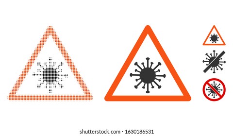 Coronavirus warning halftone vector icon and solid version. Illustration style is dotted iconic Coronavirus warning icon symbol on a white background. Halftone texture is round dots.