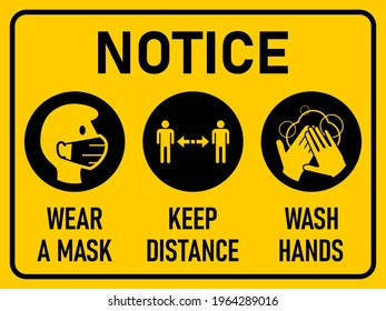 Coronavirus Warning Icon Set. Notice to Wear a Mask, Keep Distance, Wash Hands. Black and Yellow Horizontal Signboard with an Aspect Ratio of 4:3. Vector Image.