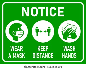 Coronavirus Warning Icon Set Notice Wear a Mask Keep Distance Wash Hands Green and White Horizontal Signboard with an Aspect Ratio of 4:3. Vector Image.