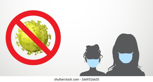 Coronavirus warning illustration. Prohibition sign - crossed out virus and black silhouettes of people in light blue medical masks