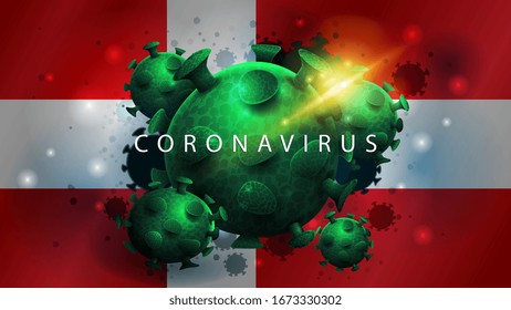 Coronavirus, warning sign on the background of the flag of Denmark. Coronavirus 2019-nCoV. Sign of coronavirus COVID-2019 in Denmark