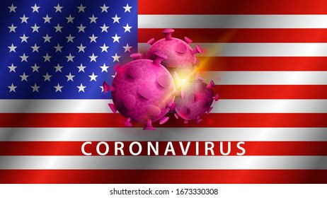 Coronavirus, warning sign on the background of the flag of USA. Coronavirus 2019-nCoV. Sign of coronavirus COVID-2019 in USA