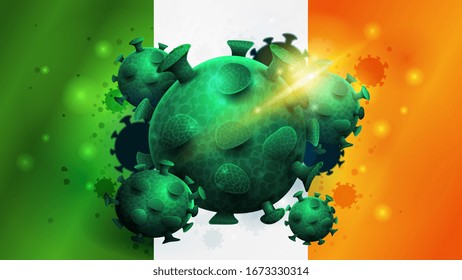 Coronavirus, warning sign on the background of the flag of Ireland. Coronavirus 2019-nCoV. Sign of coronavirus COVID-2019 in Ireland