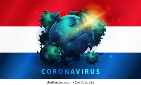 Coronavirus, warning sign on the background of the flag of Netherlands. Coronavirus 2019-nCoV. Sign of coronavirus COVID-2019 in Netherlands