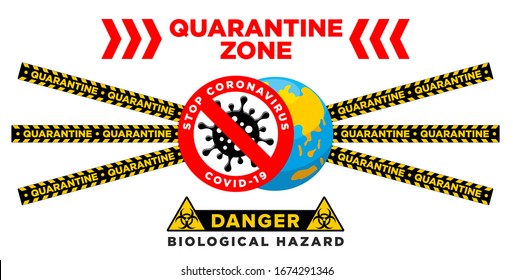 Coronavirus warning sign in triangle and warning tape. Stop coronavirus COVID-19. Biohazard of the virus 2019-nCov. Illustration, vector