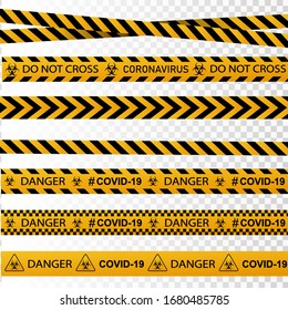 Signo de advertencia de coronavirus en una ilustración de triángulo y de advertencia de vector de cinta.Coronavirus en Europa. Brote de virus chino. epidemia mundial de COVID-2019. Vector Ilustración EPS 10