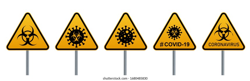 Coronavirus warning sign in a triangle and warning tape vector illustration. Coronavirus in Europe. Chinese virus outbreak. Global epidemic of COVID-2019. Vector illustration EPS 10