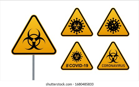 Signo de advertencia de coronavirus en una ilustración de triángulo y de advertencia de vector de cinta.Coronavirus en Europa. Brote de virus chino. epidemia mundial de COVID-2019. Ilustración del vector EPS 10
